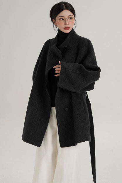 Elegant Woolen Lace-Up Coat