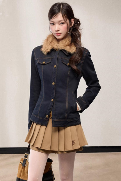 Fur Collar Patchwork Denim Jacket