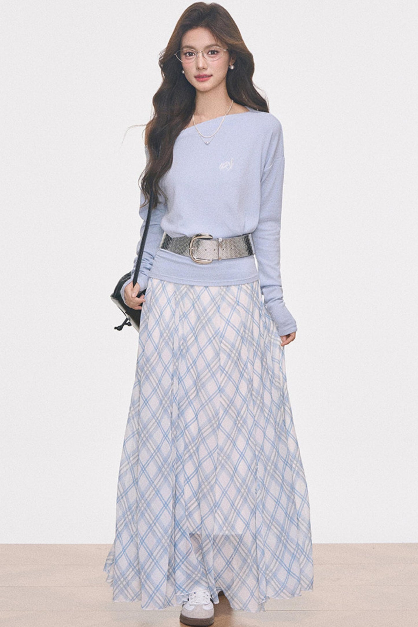 Knitted Off-Shoulder Top and Plaid Skirt Set-Up
