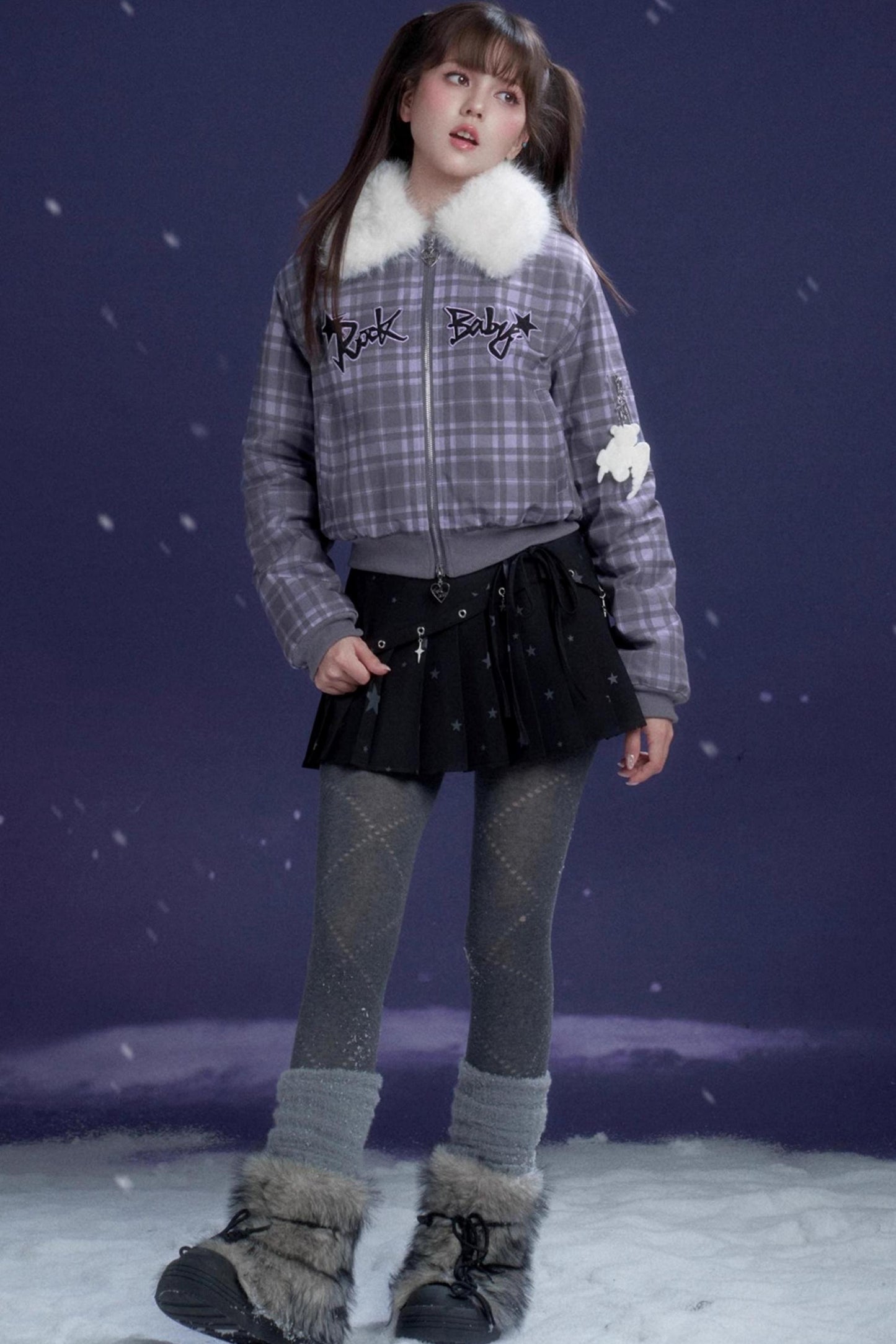 Purple Plaid Fur Collar Jacket