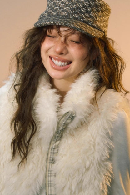 Plaid Patchwork Lamb Wool Reversible Vest