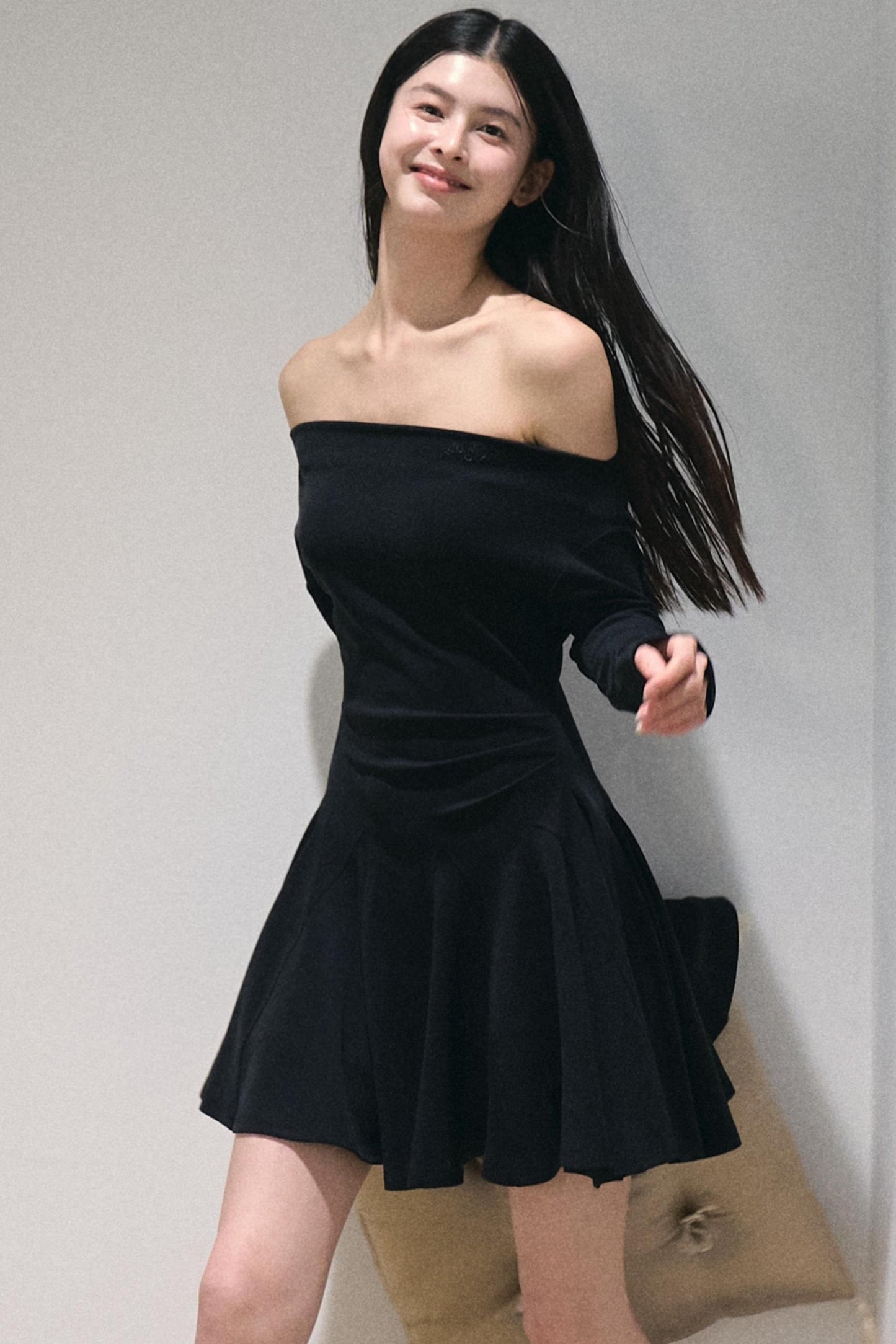 Slanted Shoulder Embroidered Short Dress