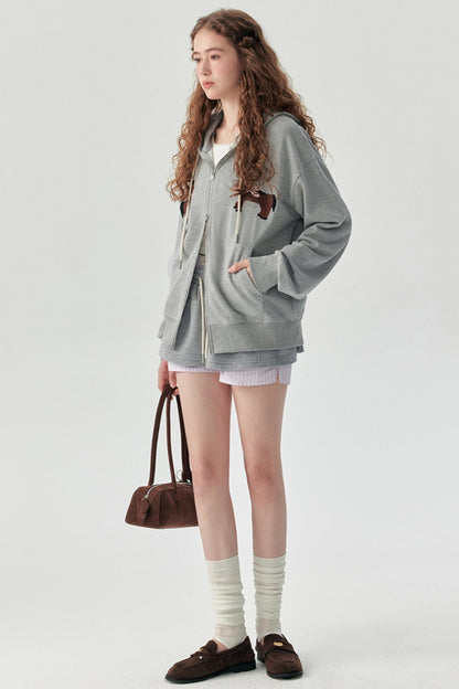 Gray Embroidered Hooded Sweatshirt Coat