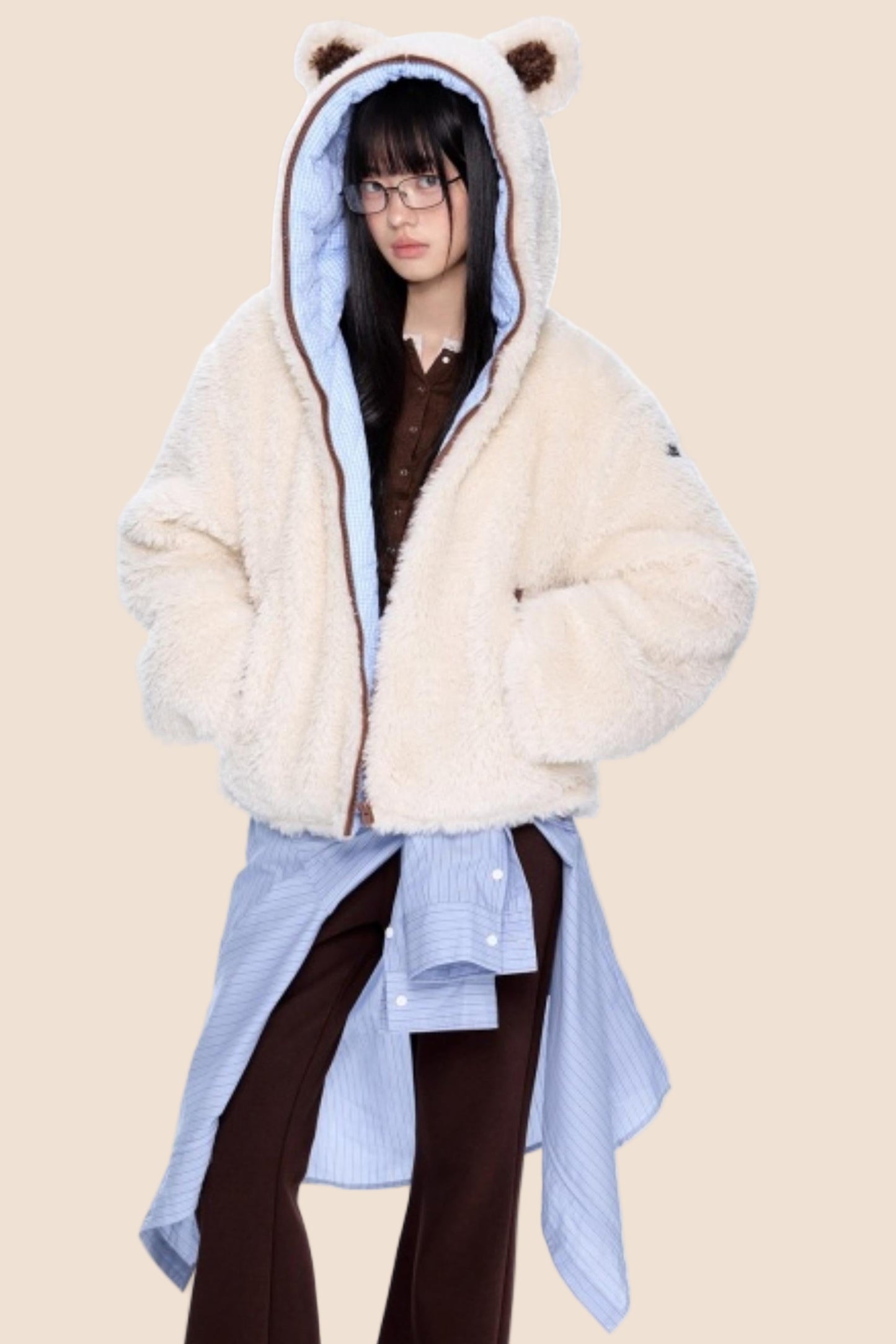 Ear-Flap Striped Faux Shearling Jacket