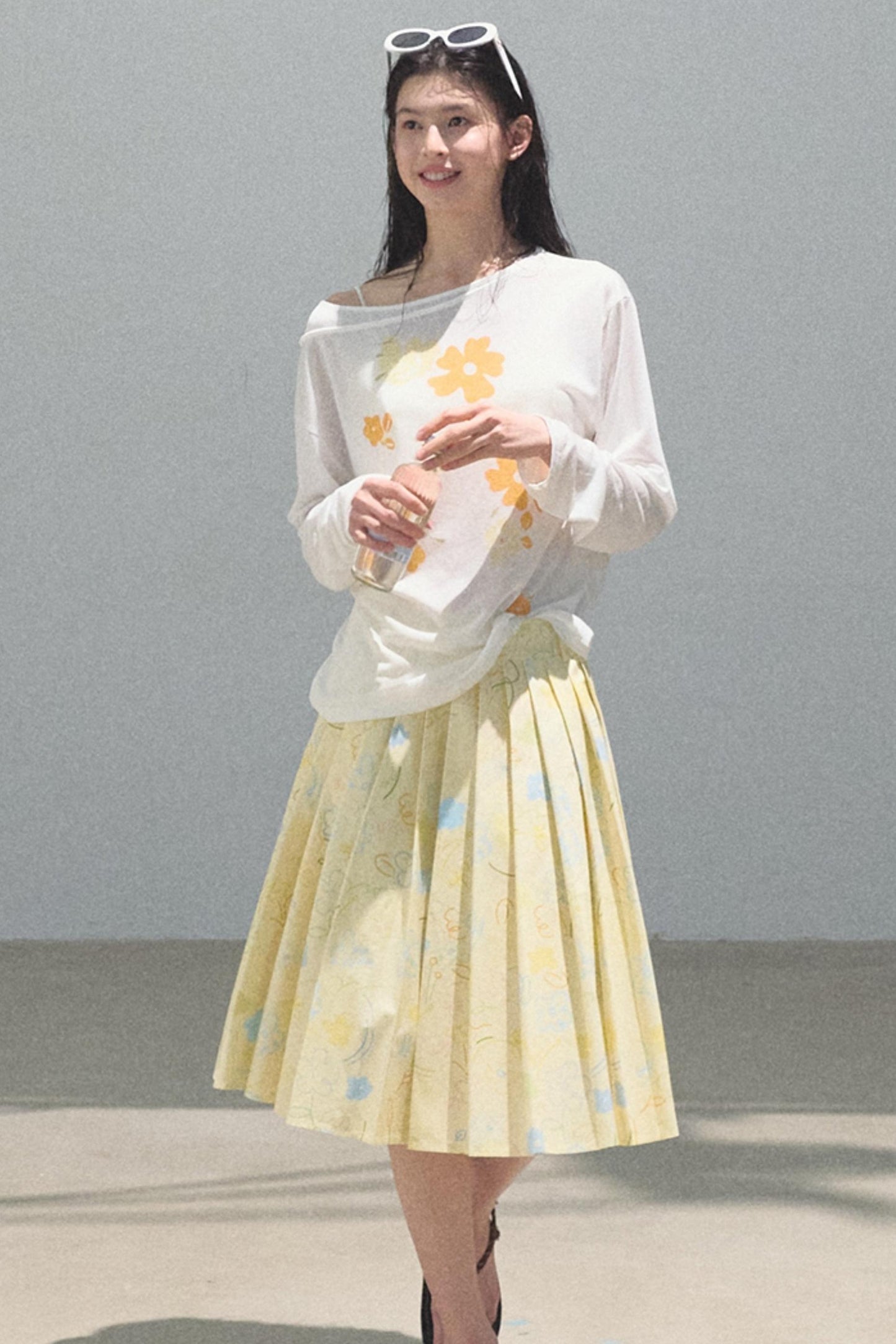 Running Waves Cotton Poplin Pleated Midi Skirt