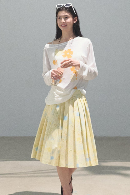 Running Waves Cotton Poplin Pleated Midi Skirt