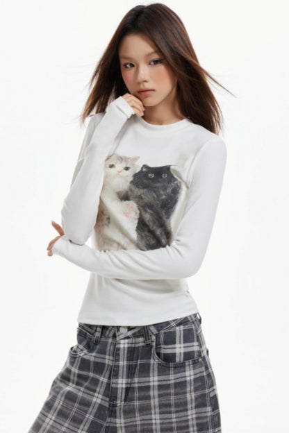 Cat Print Slim Knit Base Top
