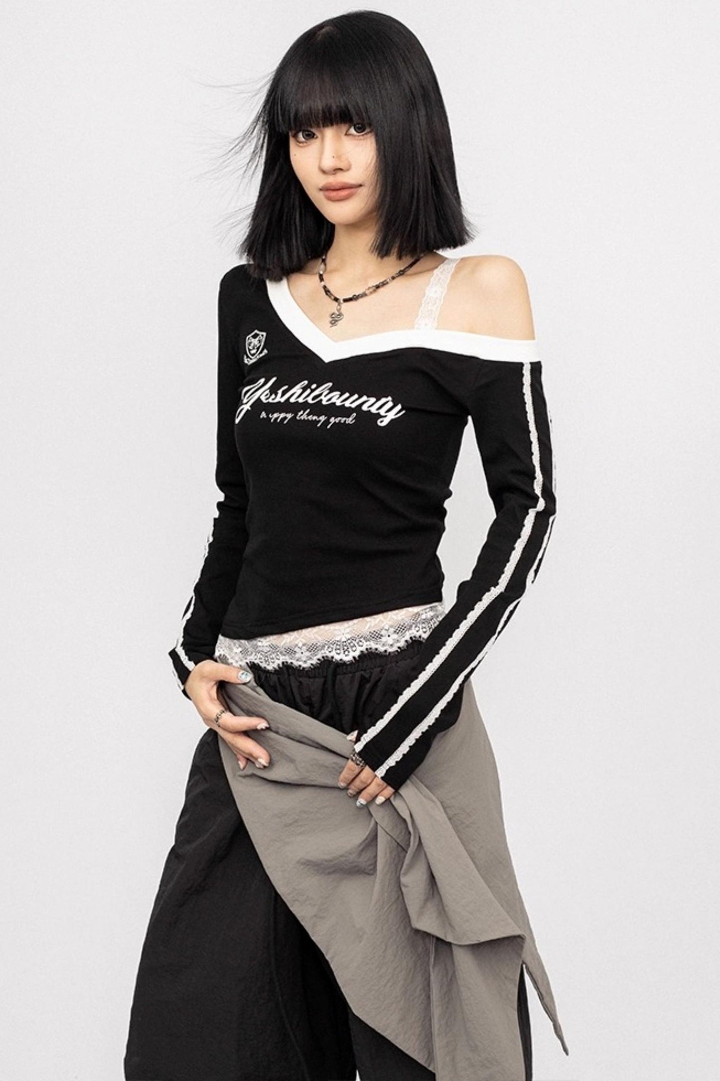 Lace Stitching Off-the-Shoulder Long Sleeve Top