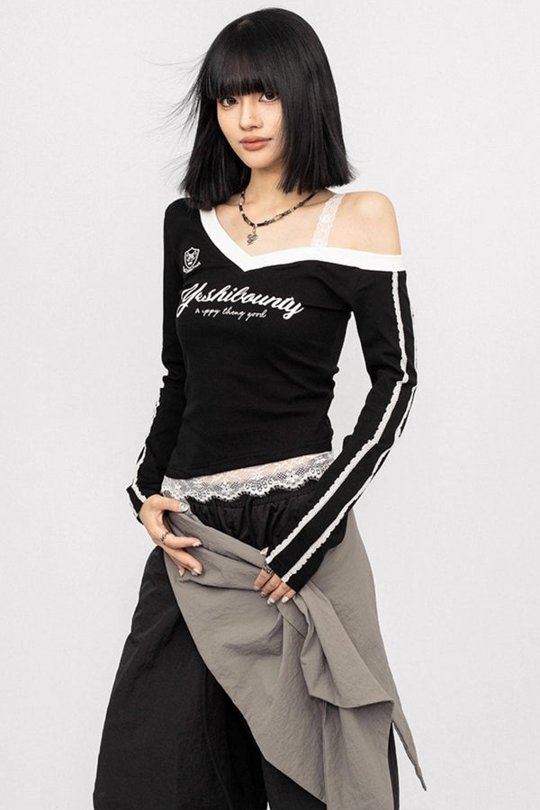 Lace Stitching Off-the-Shoulder Long Sleeve Top