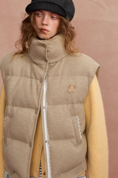 Lace Patchwork Stand Collar Puffer Vest