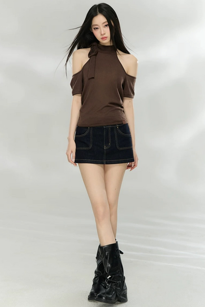 Woolen Off-Shoulder Patchwork Top
