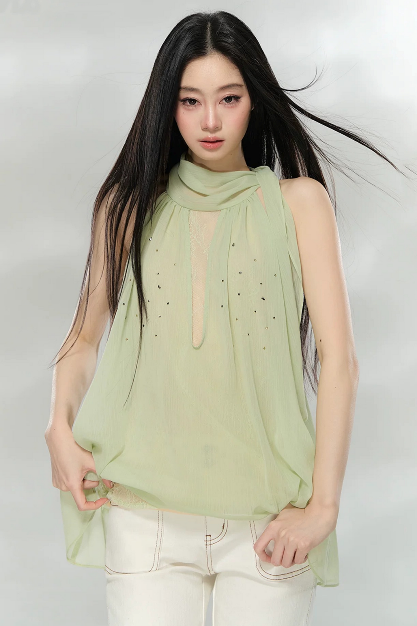 Rhinestone Chiffon Lace Blouse