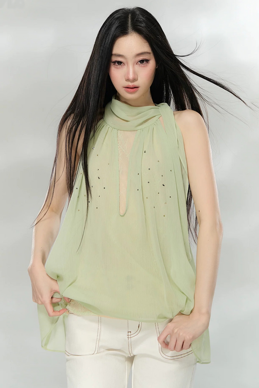 Rhinestone Chiffon Lace Blouse
