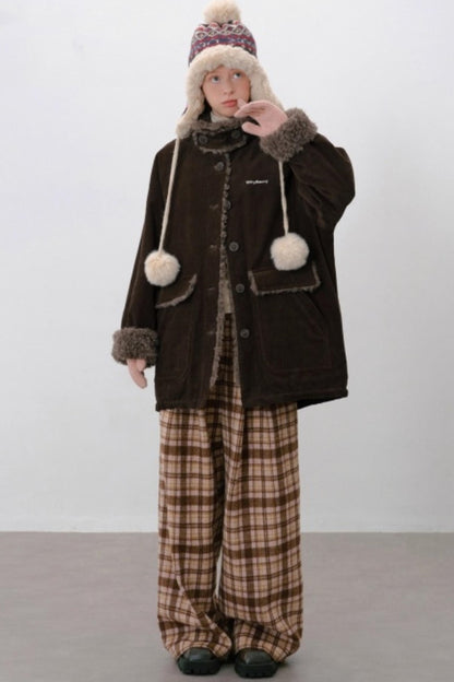 Corduroy Patchwork Fur Collar Jacket