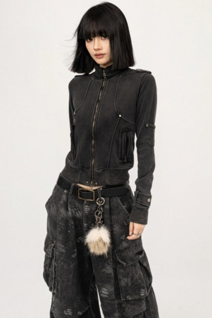 Retro Black Zipper Cardigan