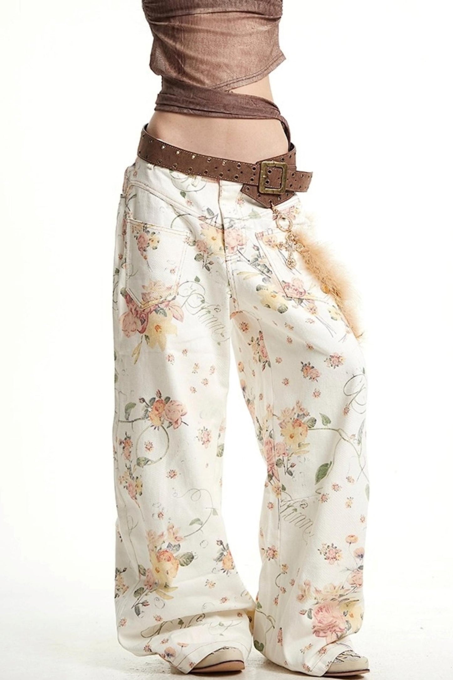 Vintage Floral Embroidery Wide-Leg Jeans