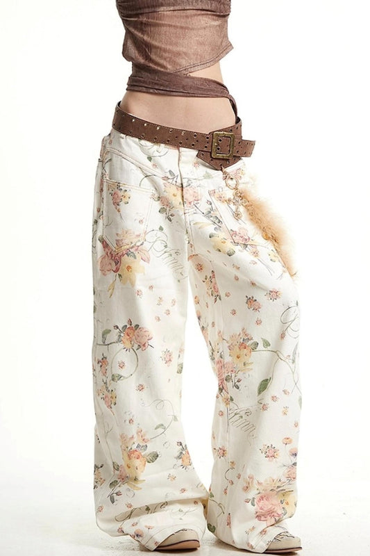 Vintage Floral Embroidery Wide-Leg Jeans