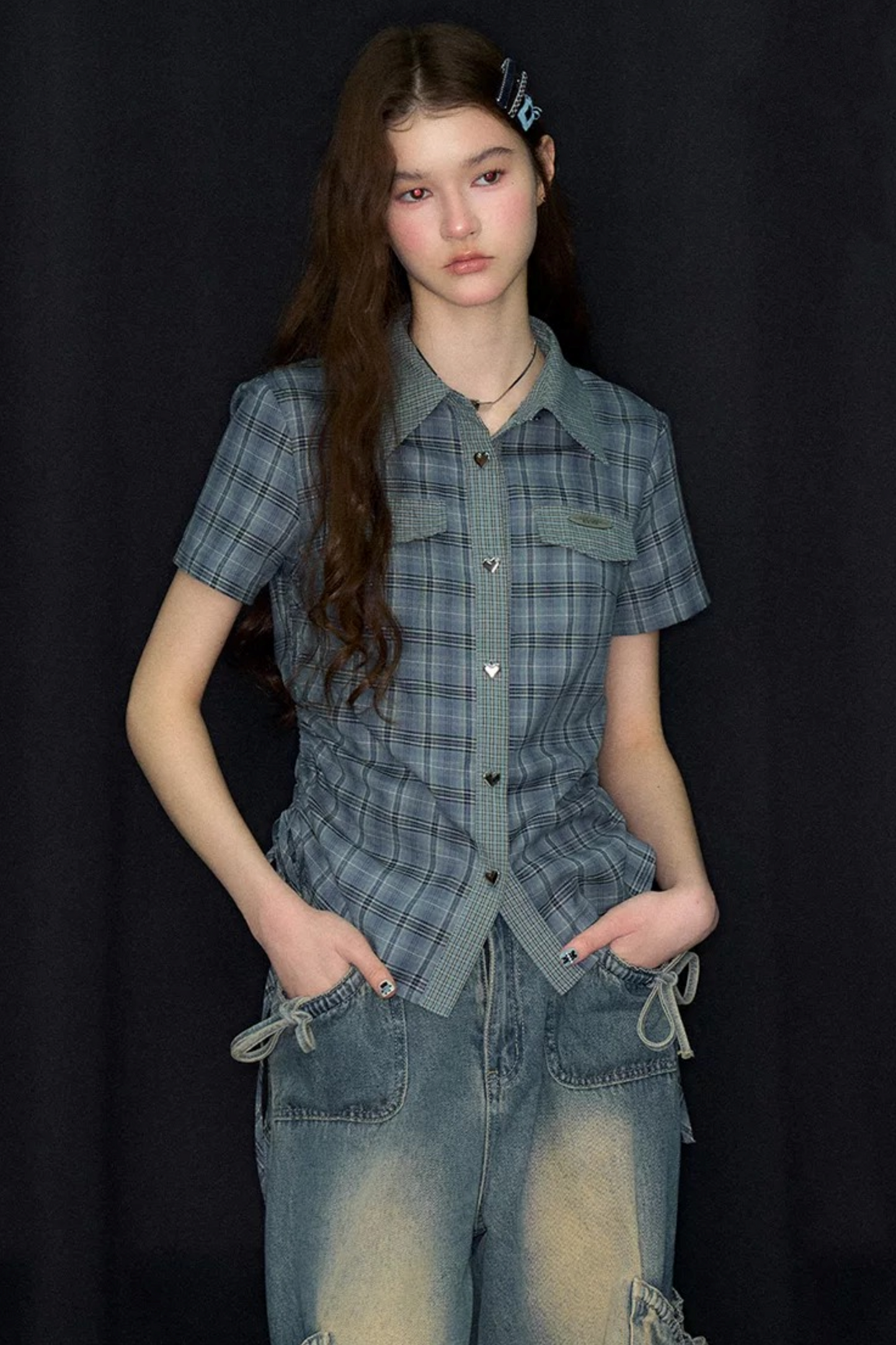 Camicia a maniche corte con motivo scozzese blu e verde