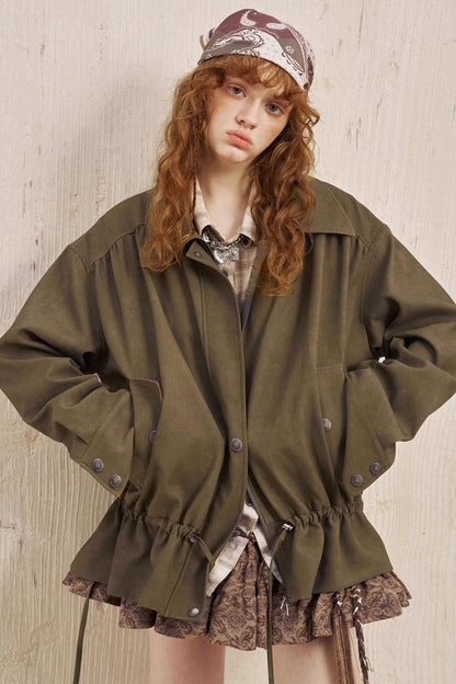 Pleats Waist Solid Color Loose Jacket