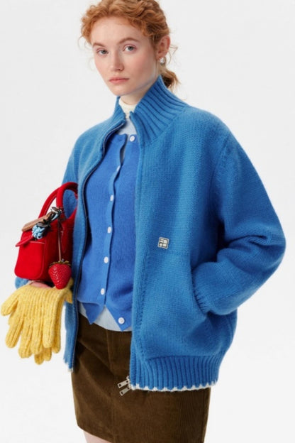 Candy-Colored Double-Zip Knitted Jacket