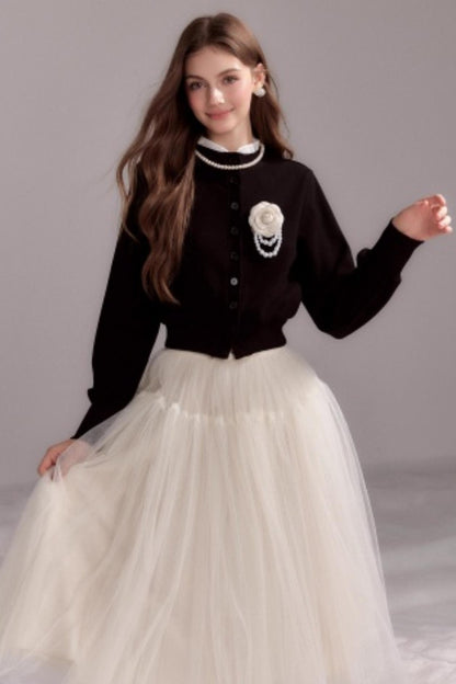 Button-Knit Crew Neck Cardigan