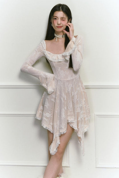 Square Neck Asymmetric Long Sleeve Dress