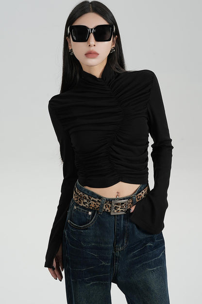 SRYSAME's fashionable design, pleated high-waisted base layer, T-shirt, long-sleeved top, autumn new women's wear