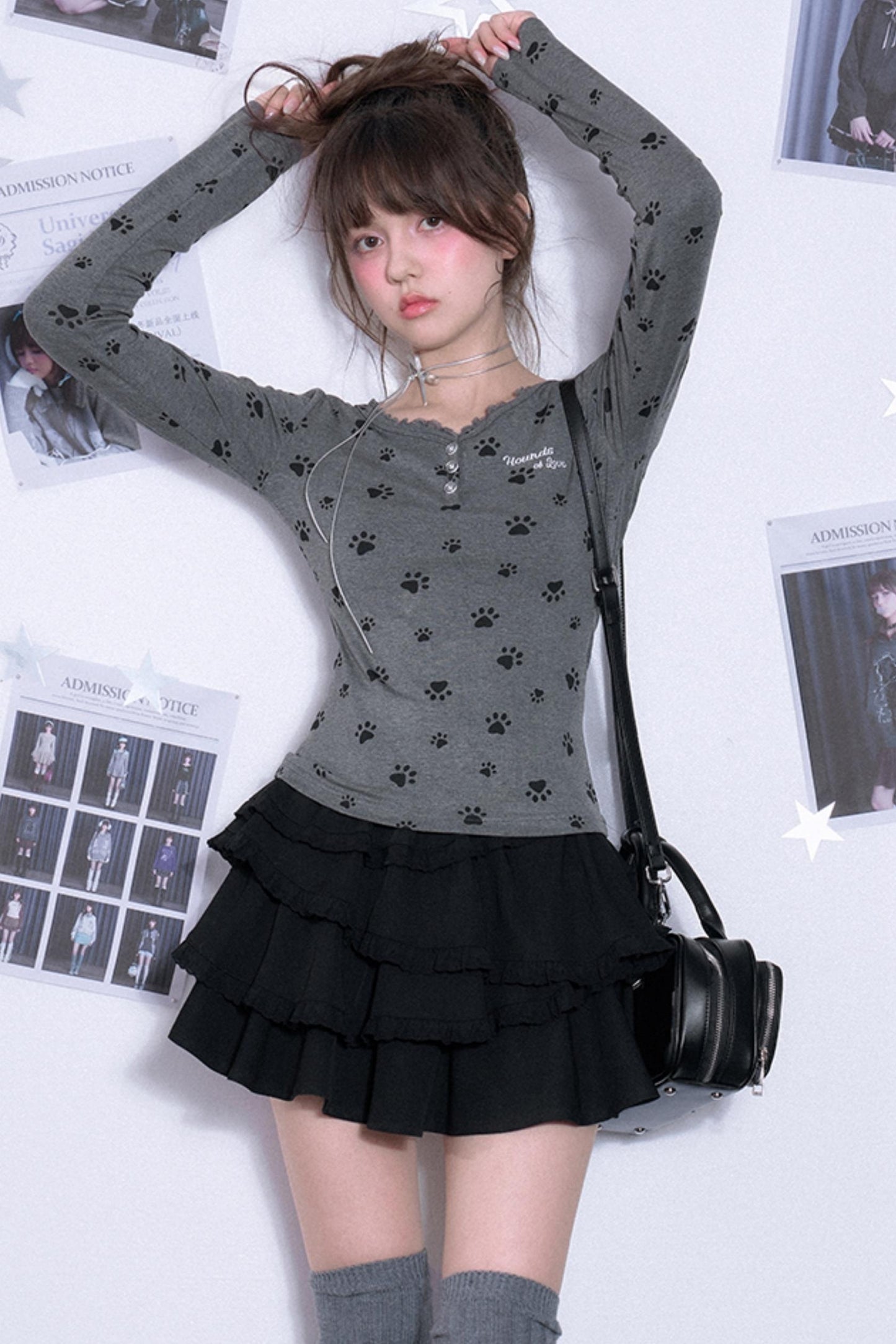 달콤한 강아지 프린트 V넥 티셔츠 