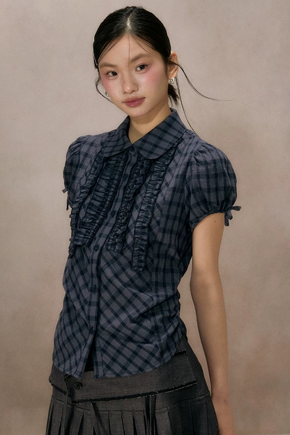 Navy Plaid Ruffled Short Sleeve Shirt