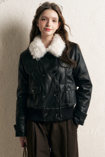 Thickened Double-Breasted Leather Coat