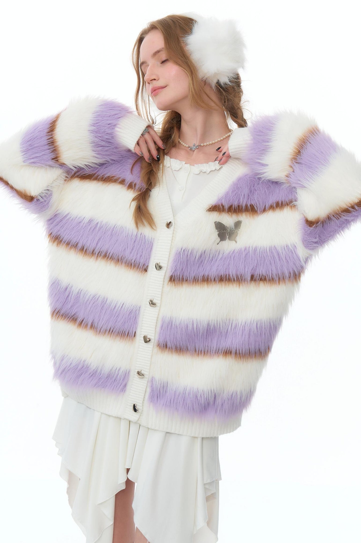 Purple and White Striped Knitted Cardigan