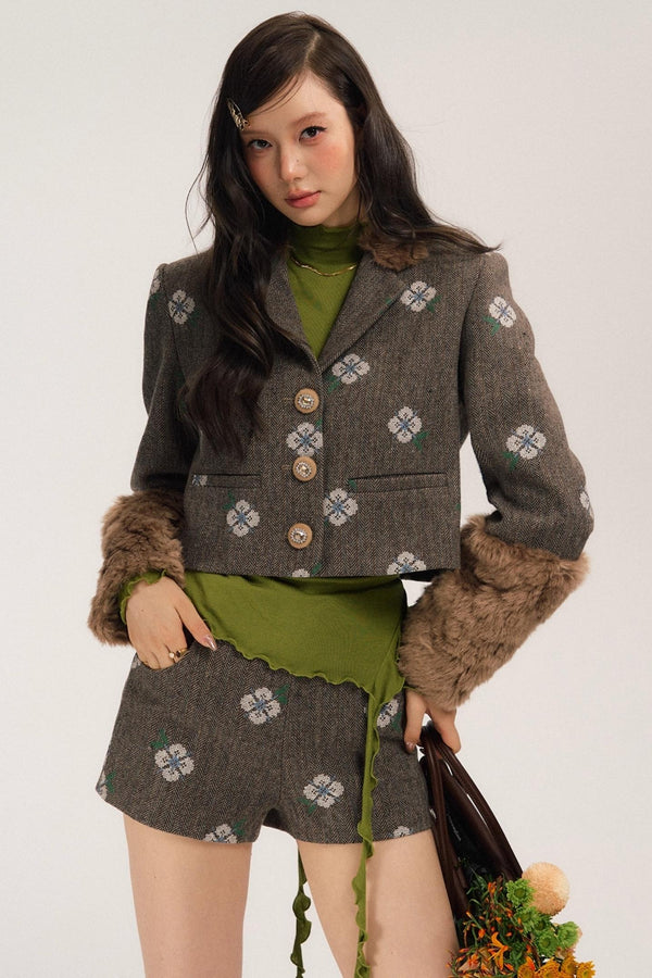 Retro Embroidery Tweed Fur Shorts Set-Up