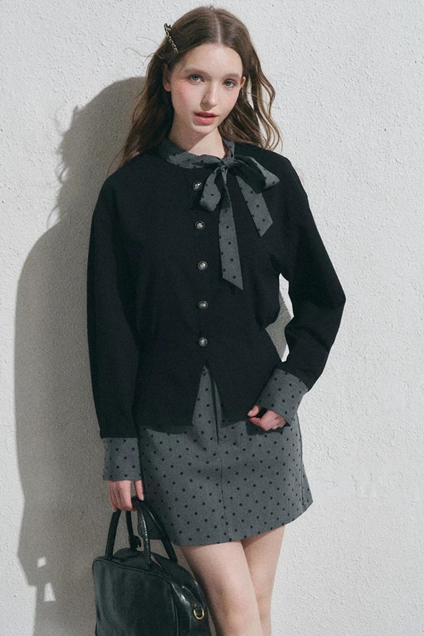 Gray Polka Dot Pullover Shirt and Half-Length Skirt Set-Up
