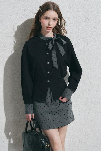 Gray Polka Dot Pullover Shirt and Half-Length Skirt Set-Up
