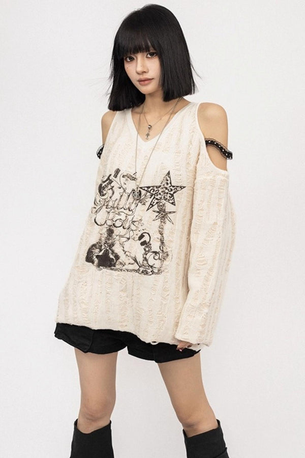 Hole Design Slope Shoulder T-Shirt