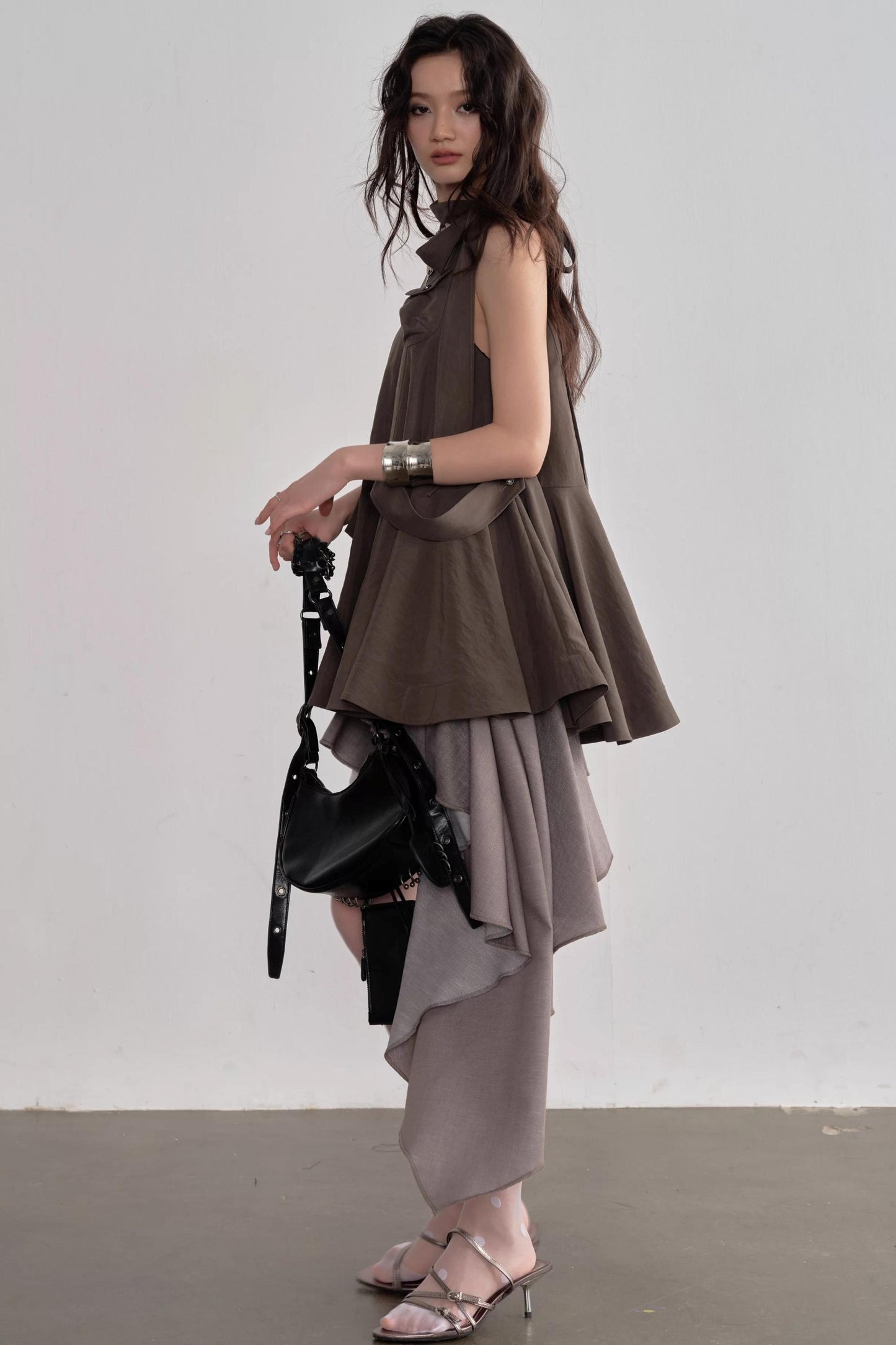 Earth-Toned Detachable Cape Dress