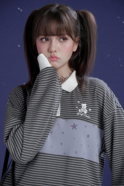 Energetic Gray-Purple Striped Polo Top