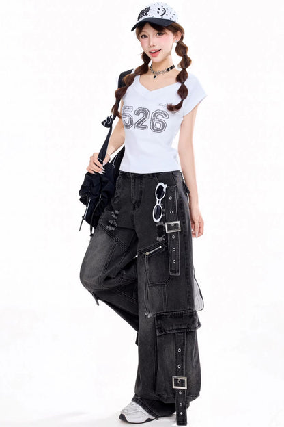 Washed Ripped Black Workwear Pants