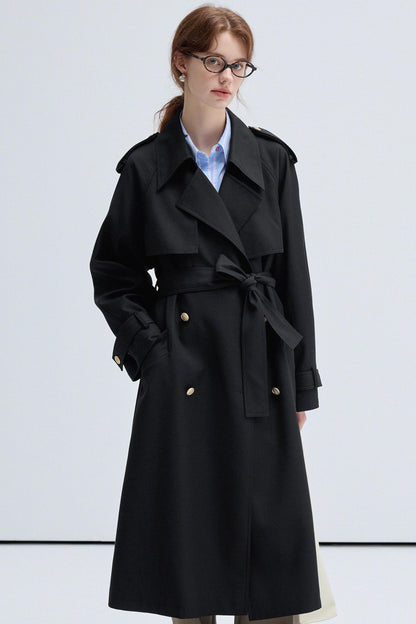 VEGA CHANG Schwarzer Trenchcoat Damen Frühling-Herbst 2024 Neue klassische doppelreihige lange Jacke im britischen Stil