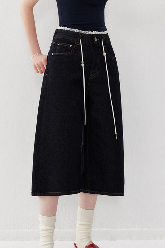 Lace-Detail Denim Culottes Pants