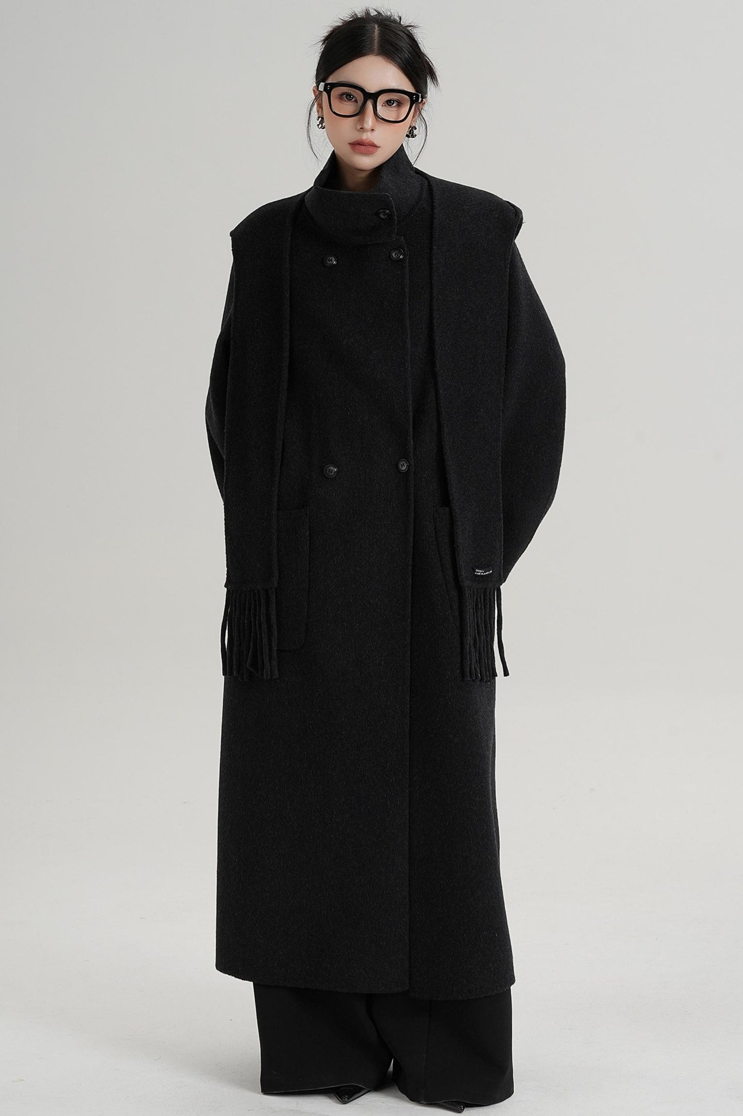 Temperament Hooded Scarf Wool Coat