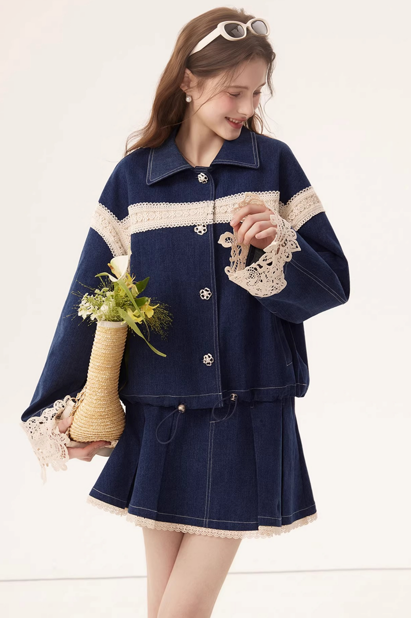 Retro Denim Lace Jacket Set