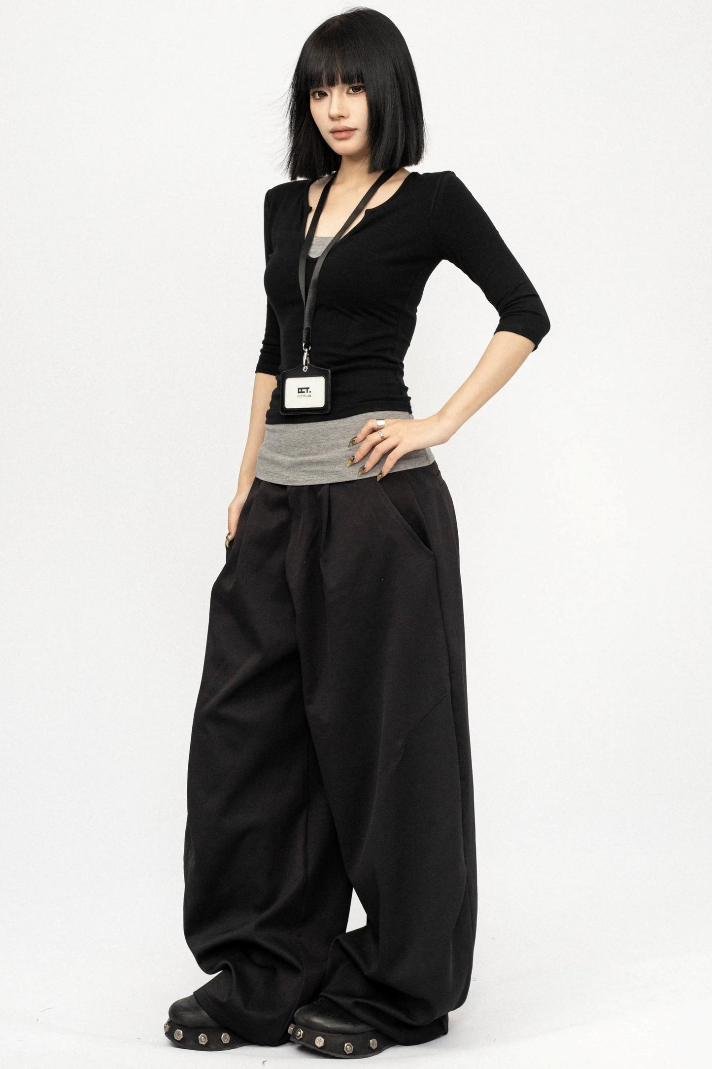 Black Slim-Fit V-Neck Blouse