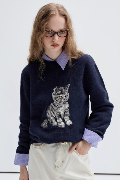 Jacquard Kitten Embroidered Crewneck Top