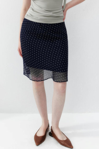 Navy Polka Dot Double-Layer A-Line Mesh Skirt
