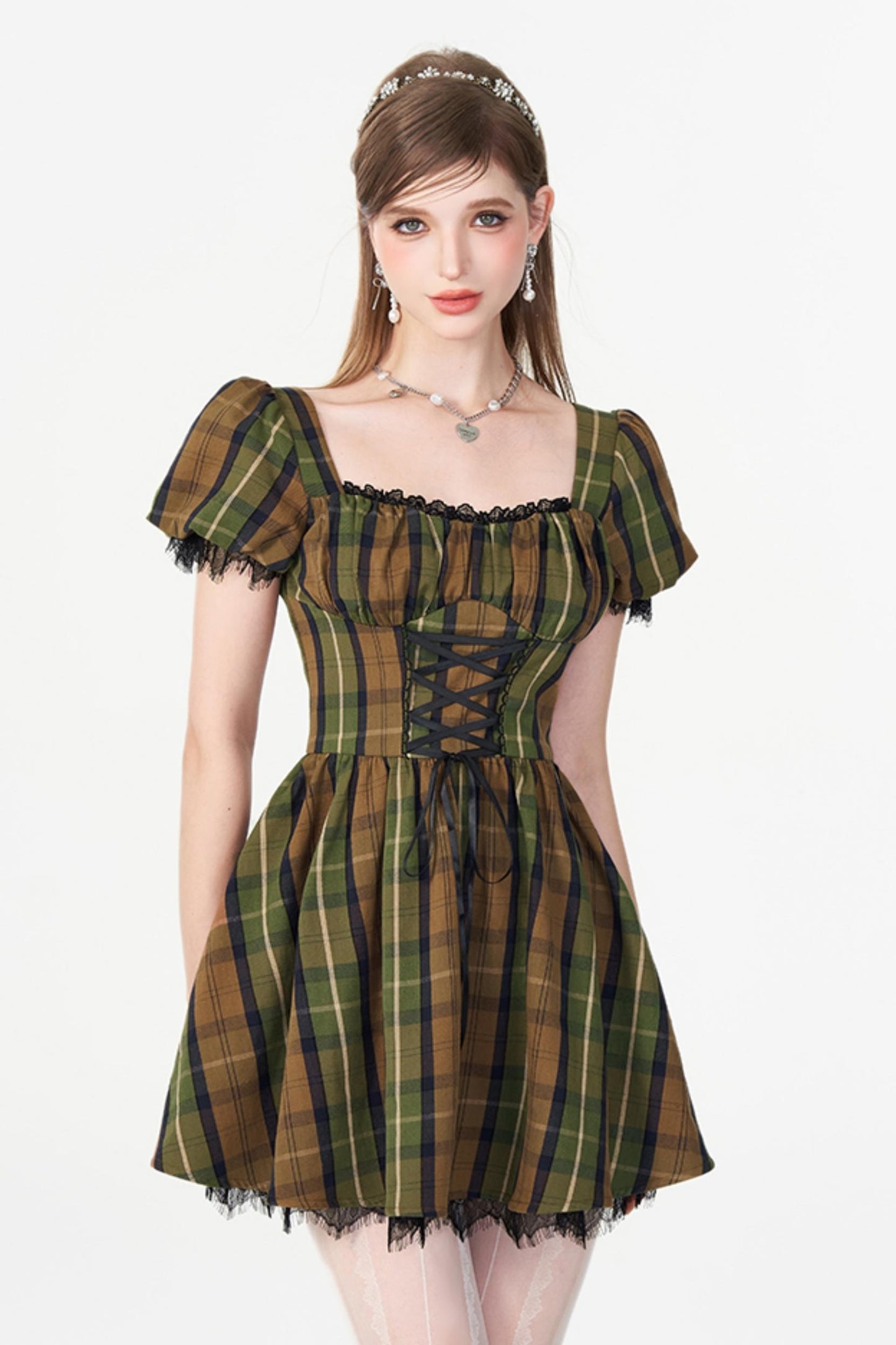 Greenfield Checkered Puff Sleeve Dress