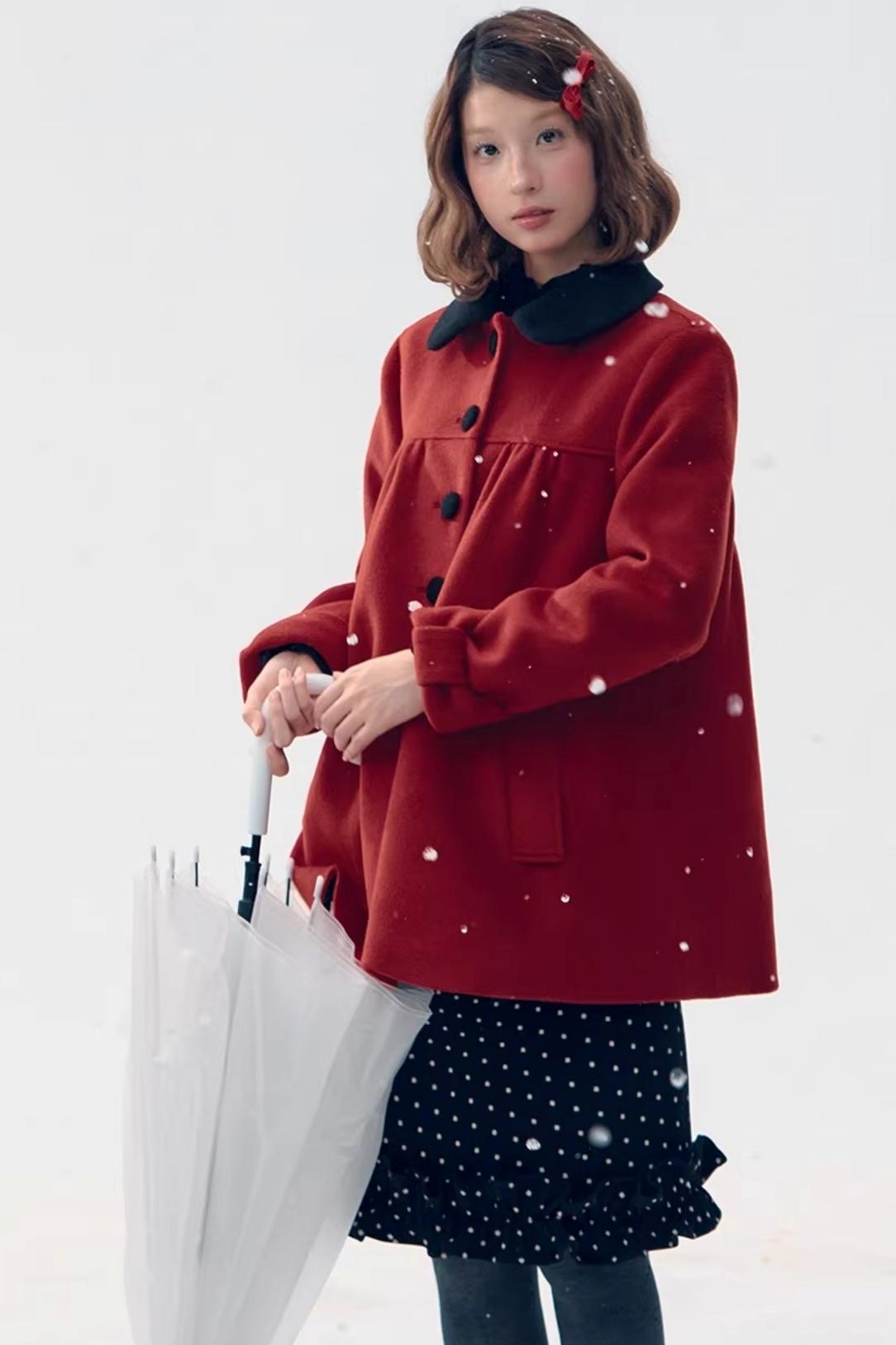 Red Woolen Doll Collar Coat