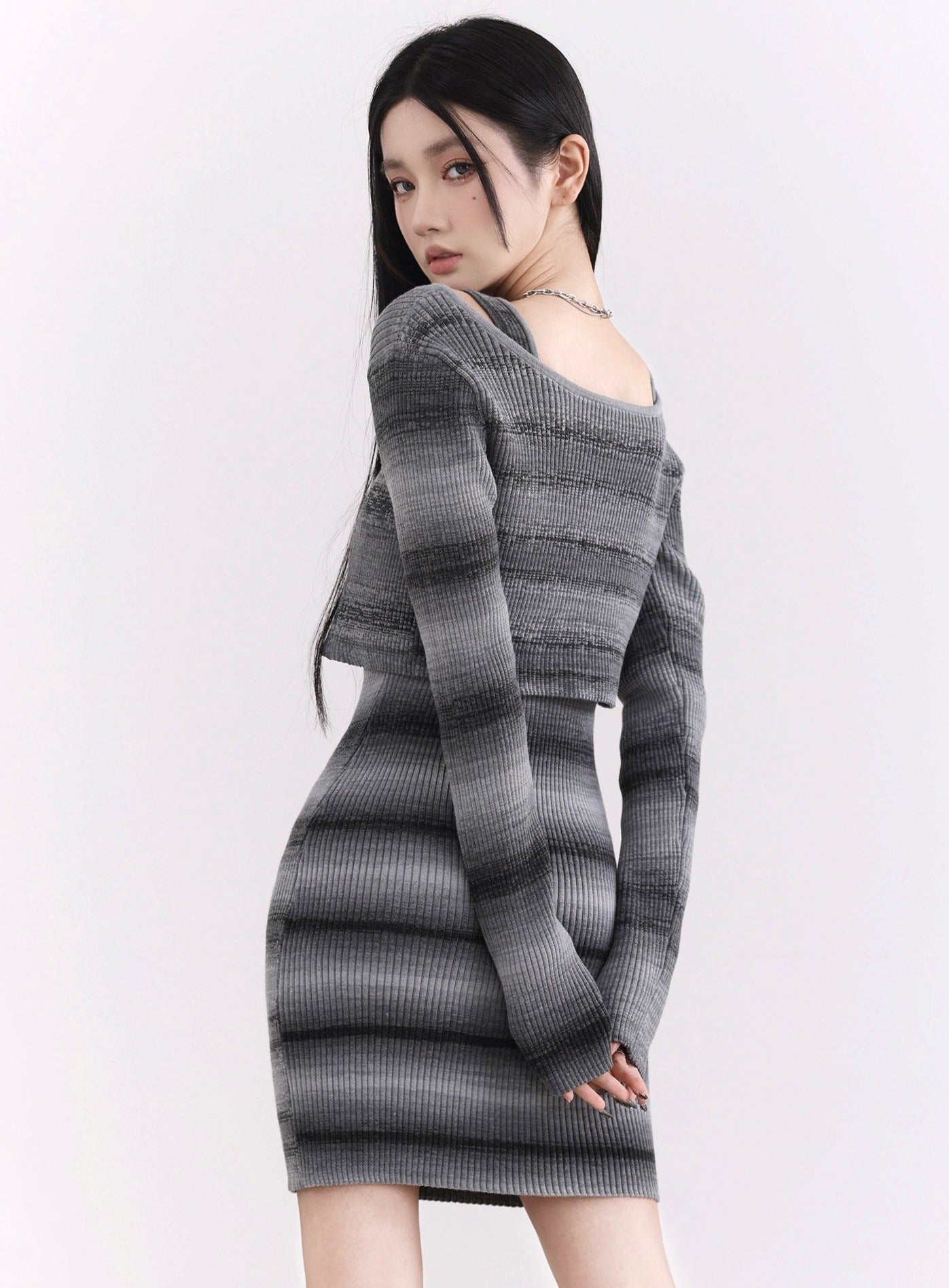 Slim striped knitted dress set