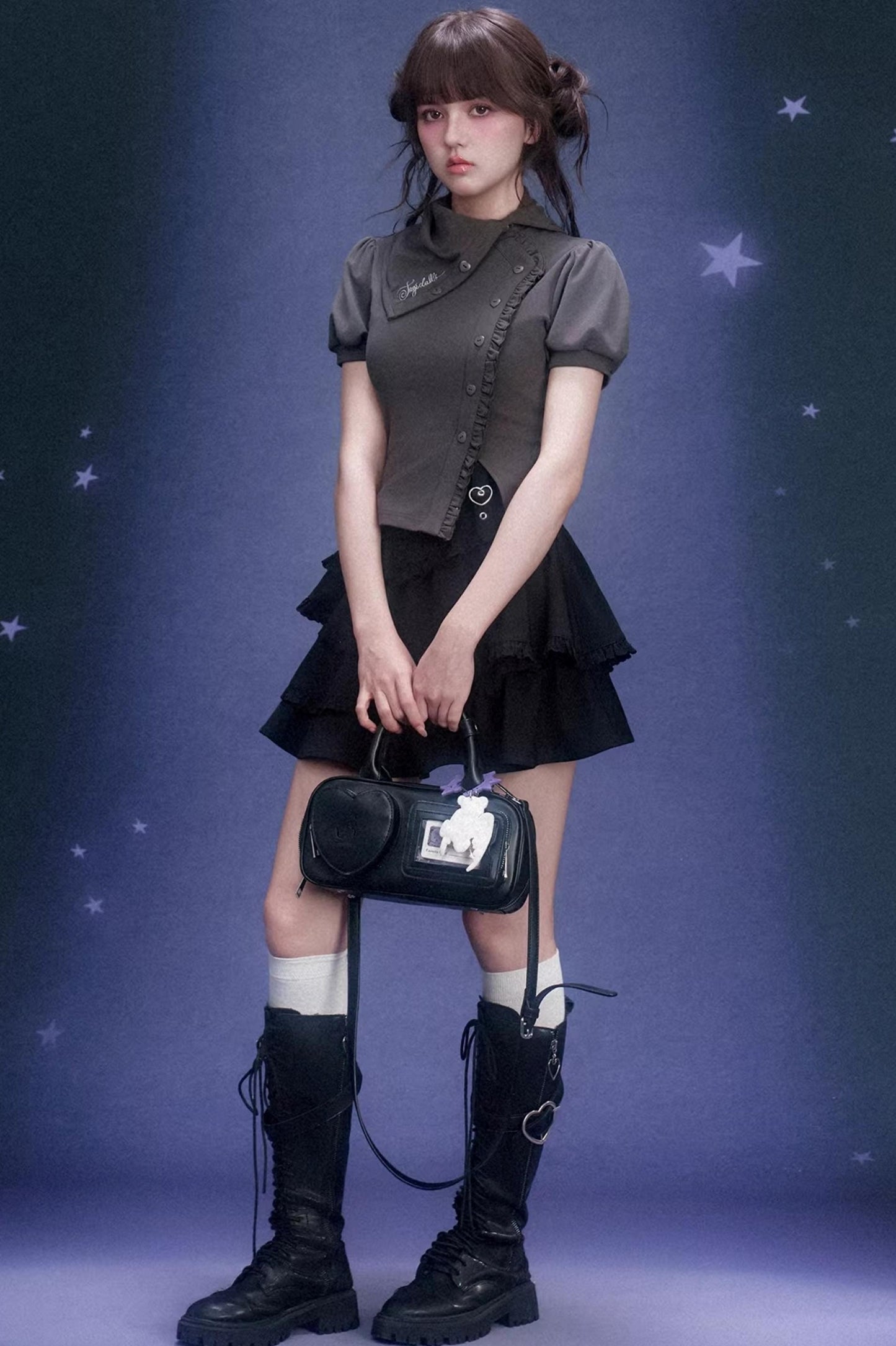 Gray Diagonal Placket T-Shirt