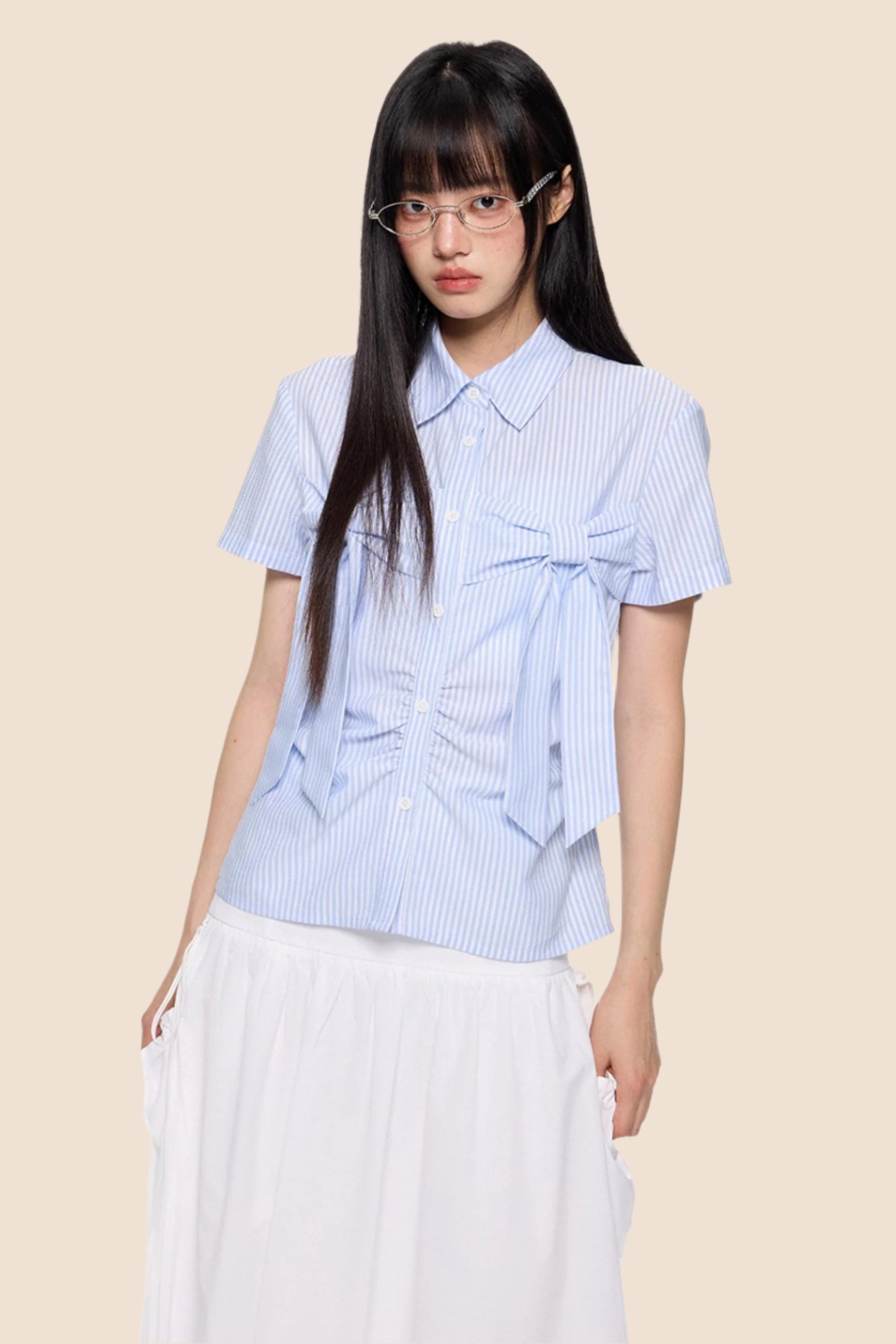 Light Blue Striped Bow Blouse